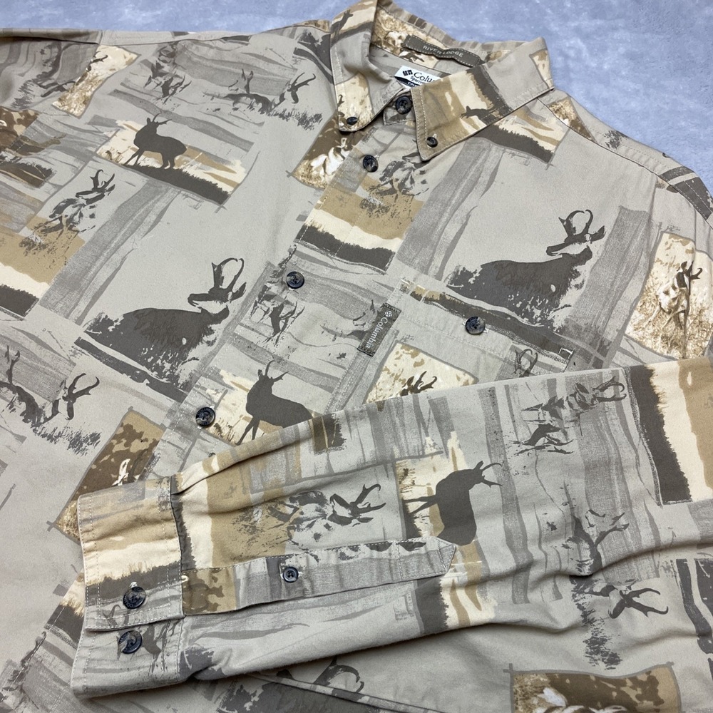 Columbia River‎ Lodge Shirt Mens XL Tan Button Down Deer Elk Hunting Block Print